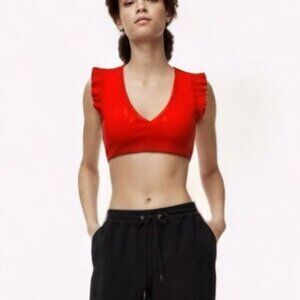 Aritizia Wilfred Flutter Sleeve Ribbed Crop Knit Red Top Womens Size Small